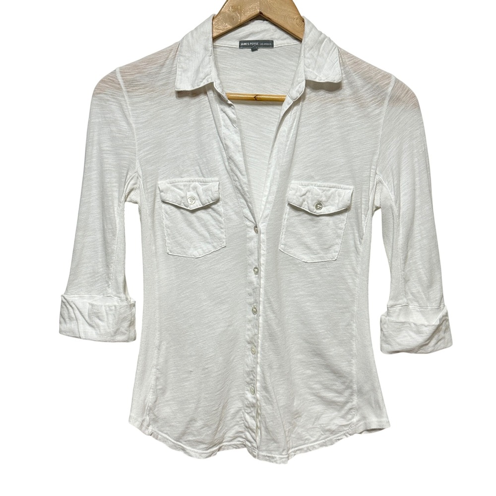 James Perse Button Down Shirt Women 1 (XS) White Slub Cotton Knit WUA3042 *Flaw